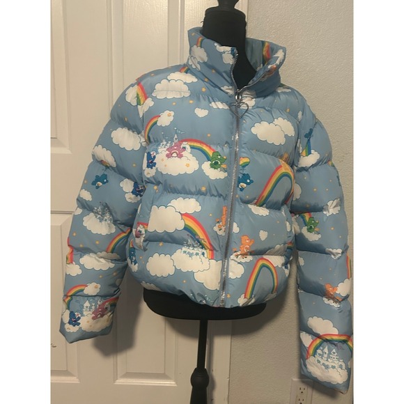Dolls Kill x Care Bears Puffer Jacket Clouds Rainbow Hearts Blue Size L - Picture 9 of 10